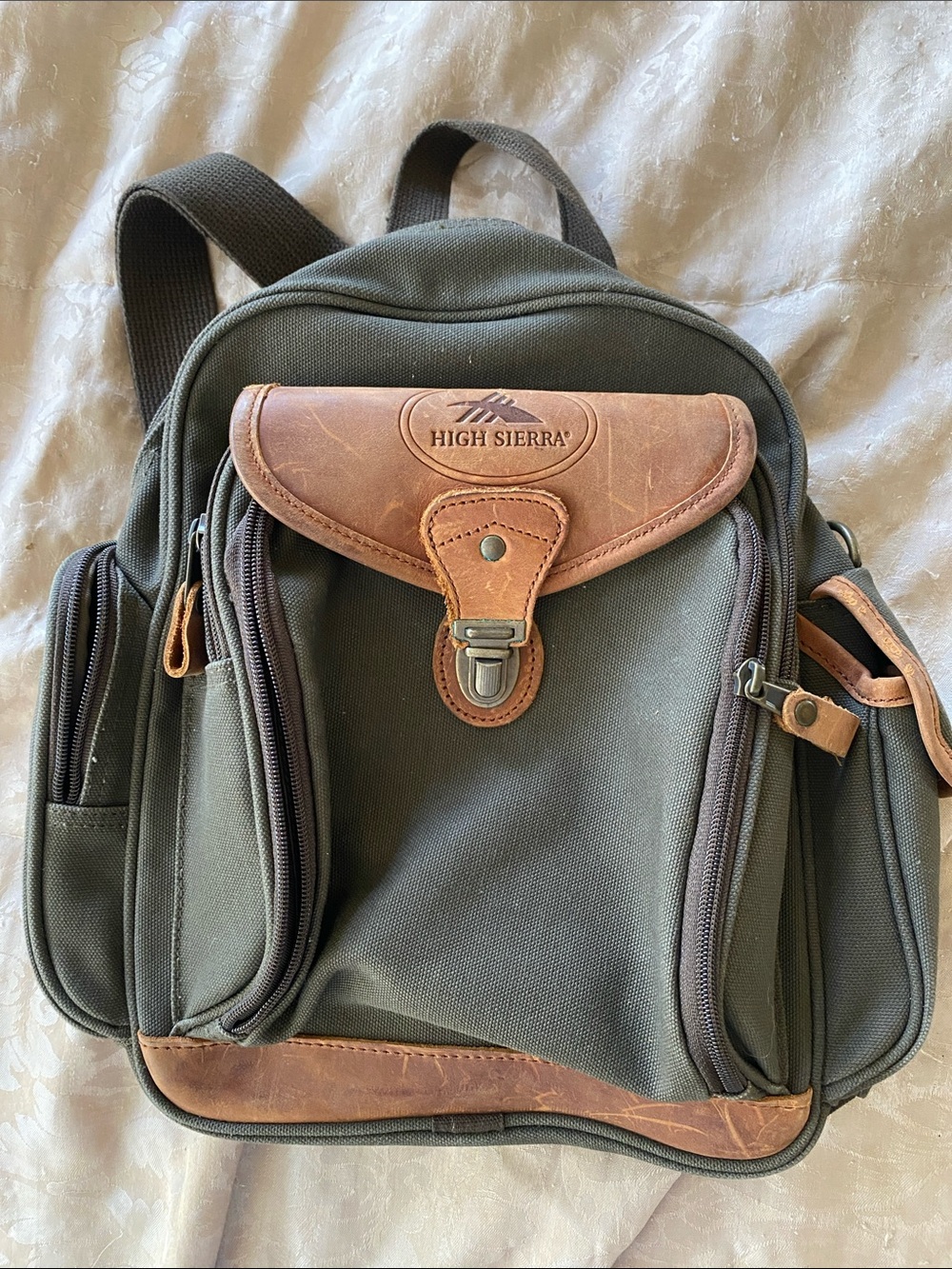 High Sierra Olive and Brown Canvas Backpack with Leather Trim